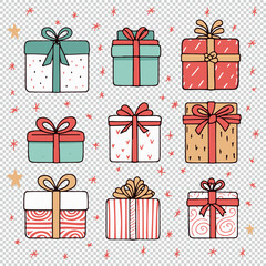 Cute cartoon christmas presents set, colorful vector illustrations on transparent background