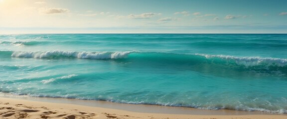 Inscription summer on the golden sand of the beach Beautiful calm sea wave of turquoise color...