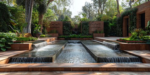serene garden with Islamic calligraphy and a flowing water feature providing a tranquil background for EidalAdha gatherings captured with a wideangle lens to show the harmony and beauty of the setting