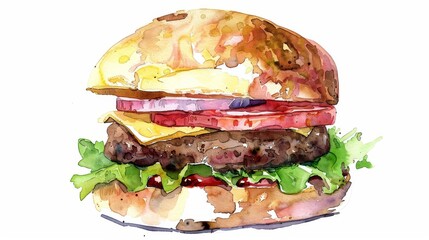 Watercolor illustration of a delicious burger with lettuce, cheese, and tomato. Perfect for food-related designs and culinary projects.