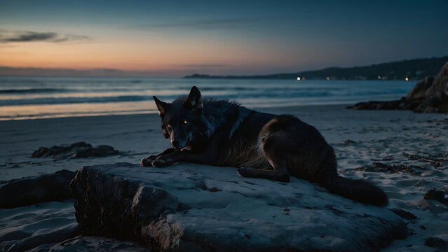 Black wolf laying on a rock on a beach at night