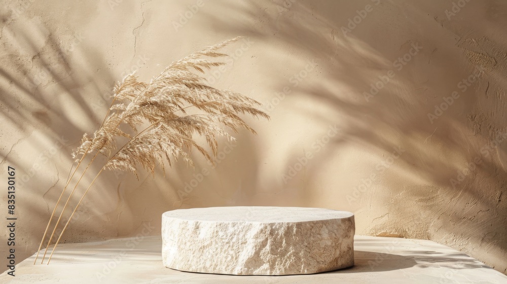 Poster a round stone pedestal is illuminated by soft afternoon light with dried pampas grass casting shadow