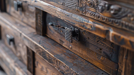 Illustrate a close-up image of a rustic wooden TV stand showcasing rich textures in the grain and earthy tones Emphasize intricate carving details and antique hardware