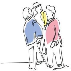 Hand drawn continuous line art vector of elderly walking. Minimal doodle of old person concept.