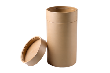Brown cylinder container with an open lid showcasing a minimalist design on a transparent background