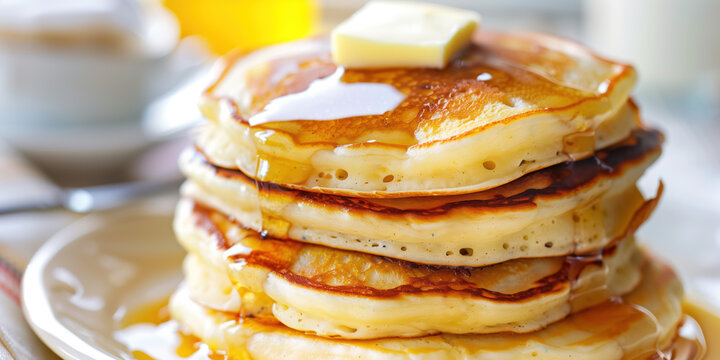 A close-up shot of a stack of pancakes with butter