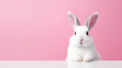 Fototapeta premium cute animal pet rabbit or bunny white color smiling and laughing isolated with copy space for easter background, rabbit, animal, pet, cute, fur, ear, mammal, background, celebration, generate by AI