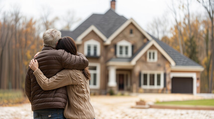mature couple hugging looking at their newly purchased home, real estate concept, suburban home, new house property, buying and investing in their dream home, purchase hd