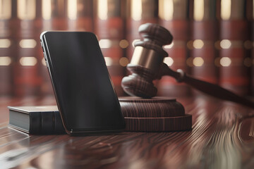 Smartphone and judgment hammer beside, judgment of crimes online concept, protection and protection of cyber victims, social and online threats and dangers