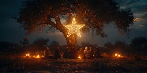 serene night scene large star crescent hanging tree illuminating family gathering EidalAdha prayers captured long exposure create a warm glowing effect using advanced lowlight photography techniques