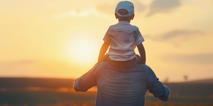 Imagen de espaldas de un pap&aacute; cargando en hombros a su hijo mirando al atardecer estilo d&iacute;a del padre