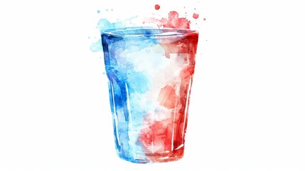 Vibrant watercolor painting of a glass with red and blue splashes, blending together in a creative and artistic way against a white background.