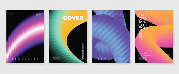 Modern gradient poster background vector set. Minimalist style cover template with vibrant perspective 3d geometric prism shapes collection. Ideal design for social media, cover, banner, flyer.