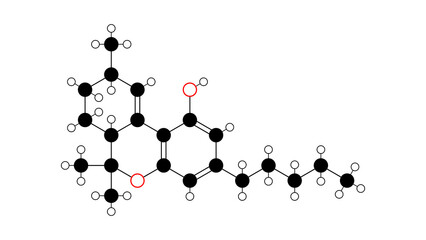 delta-10-tetrahydrocannabinol molecule, structural chemical formula, ball-and-stick model, isolated image cannabinoids