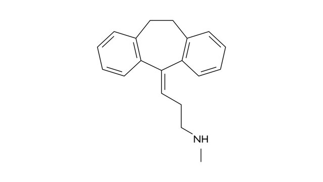 nortriptyline molecule, structural chemical formula, ball-and-stick model, isolated image antidepressant