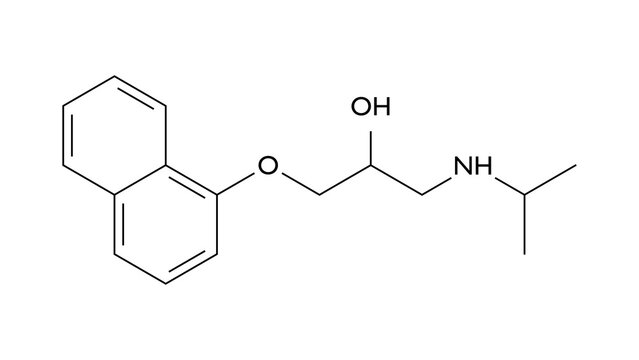 propranolol molecule, structural chemical formula, ball-and-stick model, isolated image alpha-adrenergic blocking agents