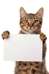 Adorable Tabby Cat Peeking Over Blank White Sign Isolated on White Background