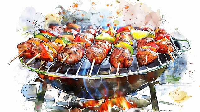 Vibrant watercolor illustration of a barbeque grill with skewered meat and vegetables, showcasing a summer cookout and outdoor grilling.