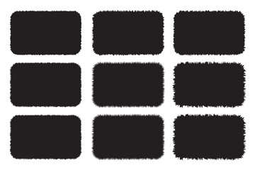 Set of torn paper pieces. Black grunge jagged rectangle frames. Vector torn paper sheet for sticker, collage, banner. Ripped shapes silhouettes isolated on white background.