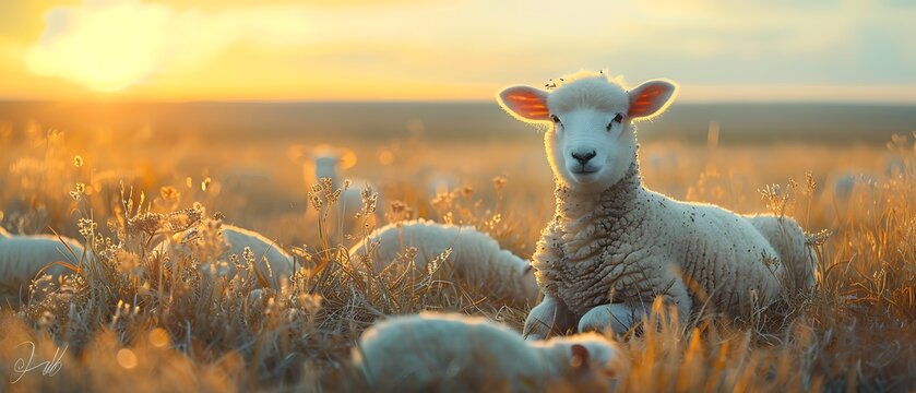 serene twilight scene of lambs resting in a field with the sky transitioning from day to night using Long Exposure Photography and Electronic Shutter for a magical effect