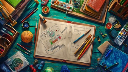 Composition with school accessories for painting and drawing