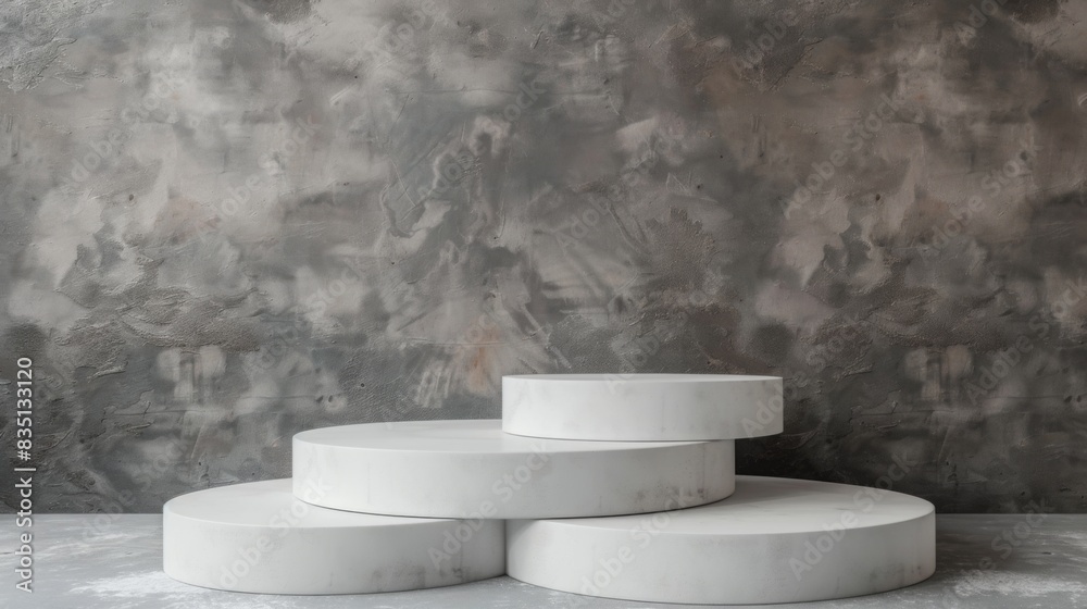 Poster a stack of three white pedestals placed neatly on a table surface.