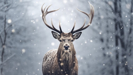 Wild Deer in a Serene and Cold Snowy Woodland Setting





