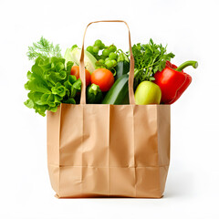Brown Paper bag with groceries, isolated on white background 