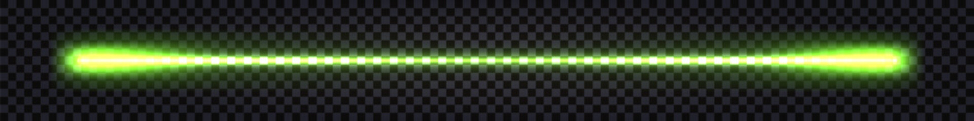 Neon glowing laser stick beam, green light glow effect. Dynamic luminous line with thunder bolt flash lightning, futuristic techno border. Vector isolated transparent on dark background