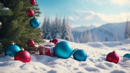 Christmas colorful gifts, ball under fir in snow in winter snowdrift Winter natural Christmas light blue scenic landscape background with copy space.