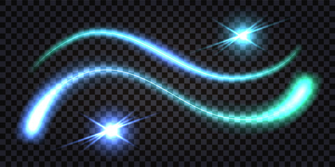 Neon wave swirl, light glowing effect, laser beams, flash thunder bolt, blue and teal wavy trails, dynamic curve lines. Vector isolated transparent