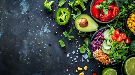 Fresh vegetable salad and healthy food with fruit, vegetables, pulses, herbs. High in anthocyanins, antioxidants, smart, minerals and vitamins for women diet slimming. Health food Concept