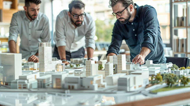 Maquette d'un quartier, &eacute;quipe de promoteurs immobiliers, d'architectes et d'hommes d'affaires travaillant sur un projet d'urbanisme