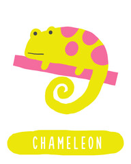 Learn jungle forest flashcard. Learning English words for kids. Cute hand drawn doodle educational card with chameleon animal. Preschool rain forest, wild nature learning material