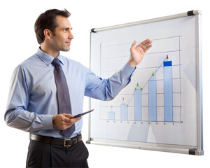 A man in a blue shirt presenting a bar graph in an office meeting using a clipboard and a whiteboard