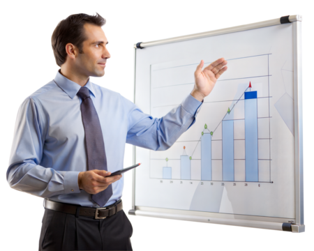 A man in a blue shirt presenting a bar graph in an office meeting using a clipboard and a whiteboard