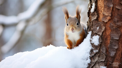 Playful Red Squirrel in Frosty Winter Landscape with Snowflakes

