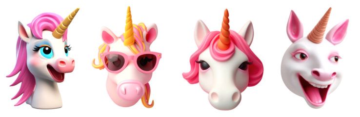 Cute 3d unicorn png element set on transparent background