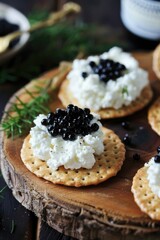 Gourmet Cracker Appetizer with Black Caviar and Cream Cheese on Elegant Plate