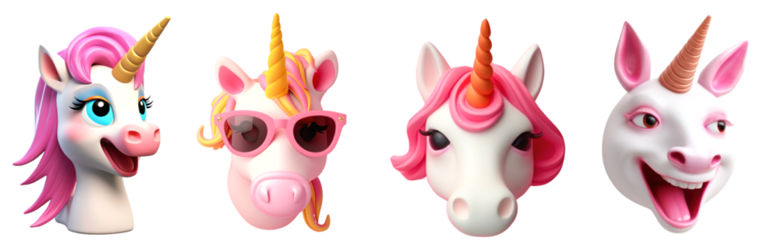 Cute 3d unicorn png element set on transparent background