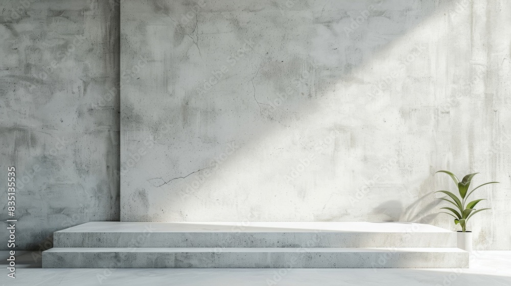Poster sunlight illuminates a minimalistic concrete room with three steps and a potted plant in the corner.