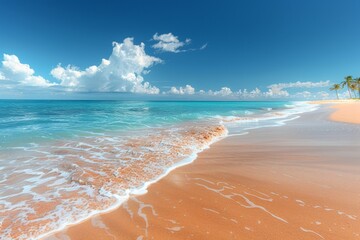 A high-resolution 4K landscape photo of a pristine beach with golden sand stretching into the distance, gentle waves lapping at the shore, and a clear blue sky overhead. The beach is lined with palm