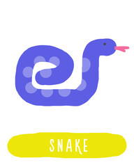 Obraz premium Learn jungle forest flashcard. Learning English words for kids. Cute hand drawn doodle educational card with snake, viper, reptile. Preschool rain forest, wild nature learning material