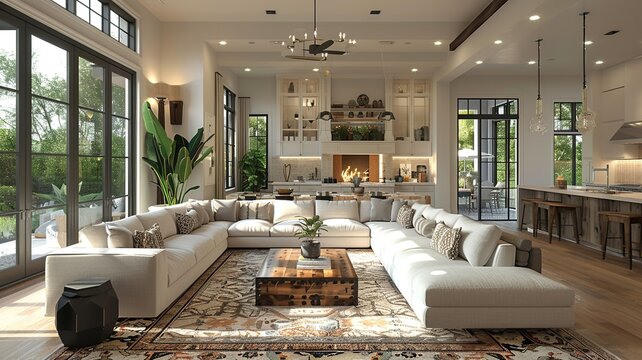 Step into modern luxury with this contemporary European living room boasting an open-concept layout and custom-built shelving