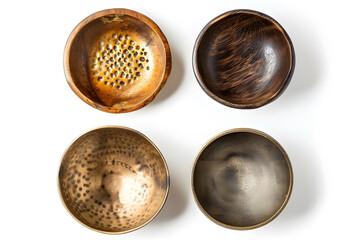 Set of small bowls made of gold, silver and wood top view, isolated on white background