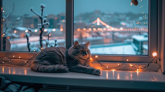 Cozy cat lying on a windowsill with festive lights and a snowy cityscape outside the window, creating a warm and serene winter scene