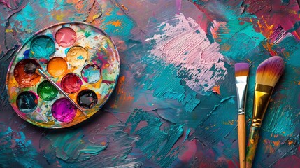 Fototapeta premium Palette with paints and brushes on colorful background, top view