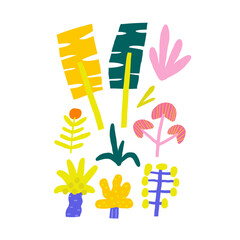 Cute jungle, rain forest composition, postcard with funny hand drawn doodle plants, flowers, trees, palm, leaves. Wild nature, mossy forest, wood t shirt print, cover, template, banner, poster print