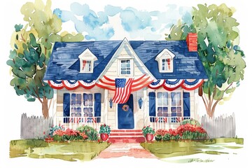 Beautiful watercolor illustration of a house decorated with American flag bunting, perfect for celebrating Independence Day and patriotic themes.