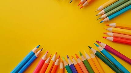 Fototapeta premium School supplies, stationery on yellow background - space for caption. Child ready to draw with pencils and make application of colored paper. Top view